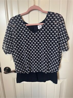 CAbi Navy Blouse with White Elephant Print